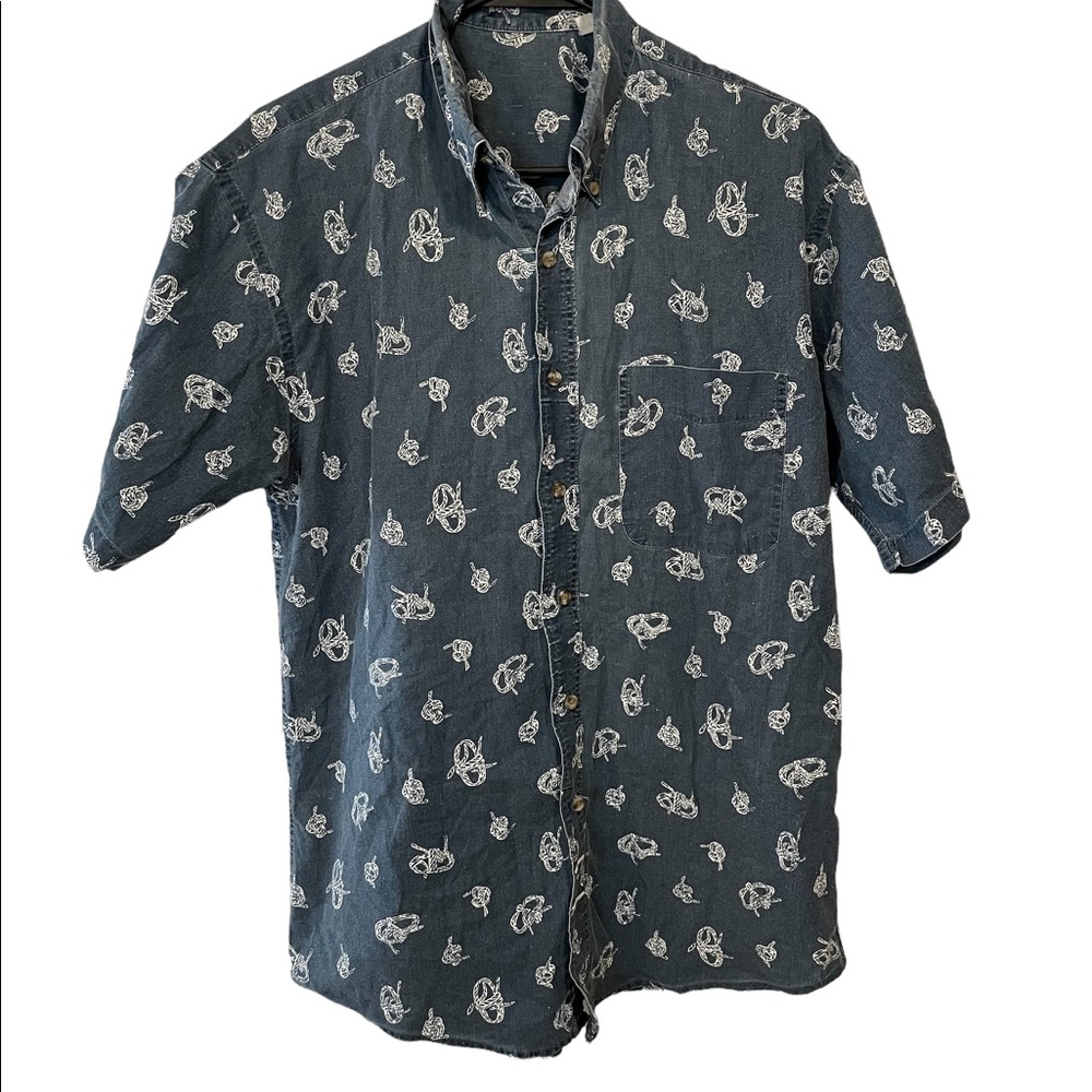 Vintage 90s Blue White Distressed Knot Short Sleeve Button Up Western Shirt